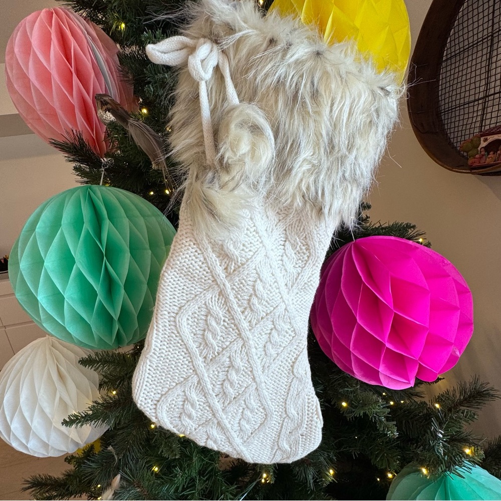 Cozy Knit Christmas Stockings with Faux Fur Trim and fur Pom poms (ONE Stocking)